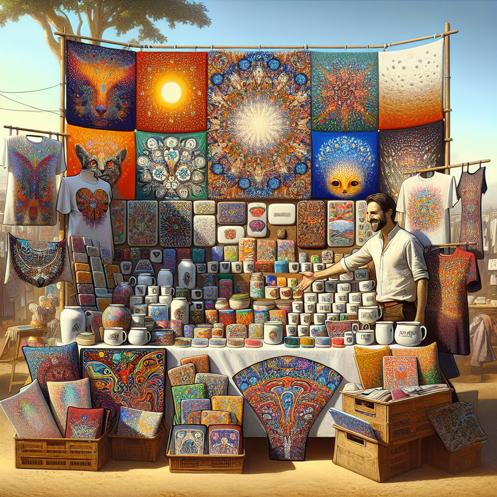 Marketplace booth displaying a range of colorful, artistic print-on-demand items such as t-shirts, mugs, and tote bags with a friendly vendor, under clear daytime skies.