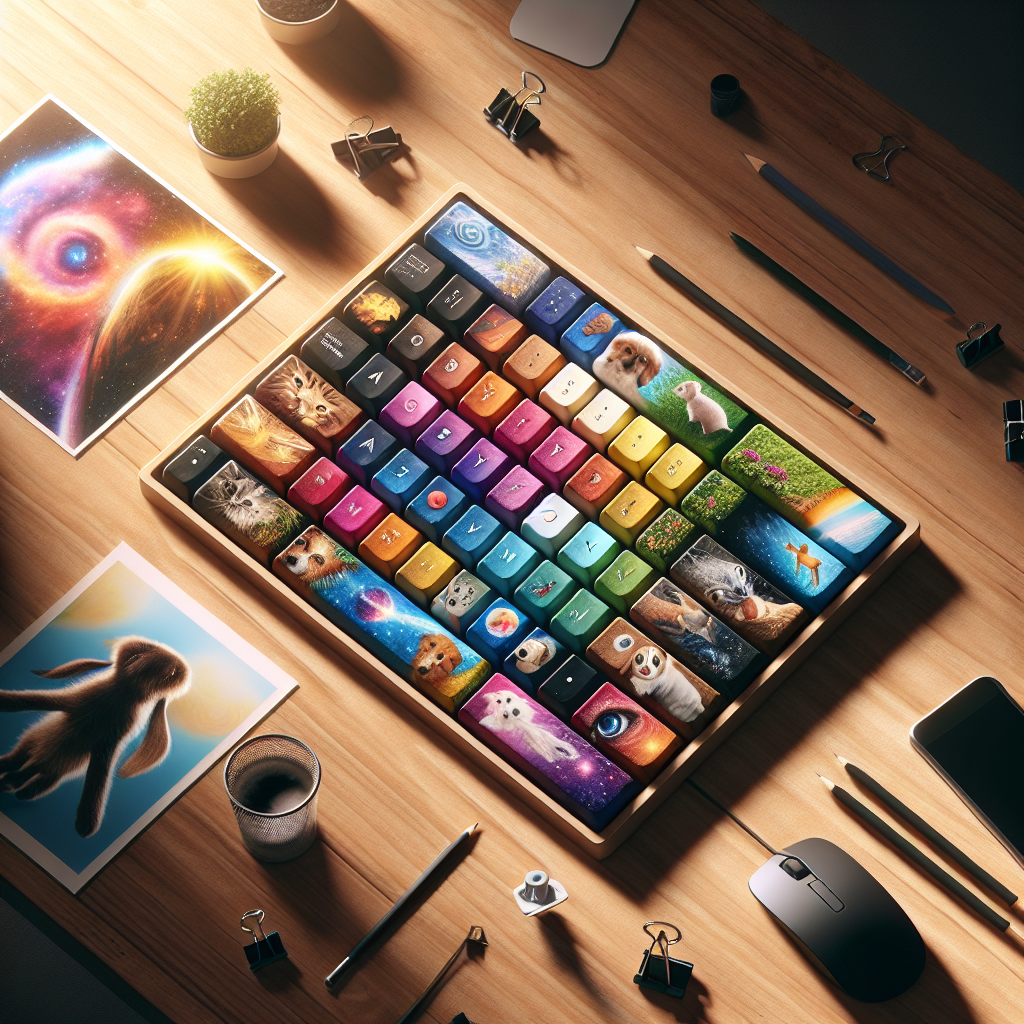 Overhead view of an artistically designed computer keyboard symbolizing print-on-demand products, on a wooden desk with bright, even lighting.