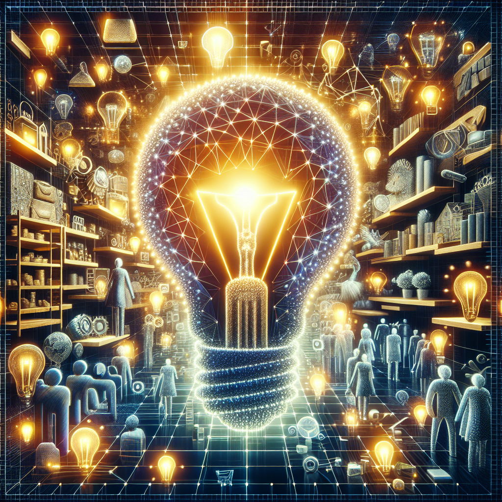 Online print on demand store interface displaying a variety of custom-designed products, with a light bulb and diverse group of people as central motifs.