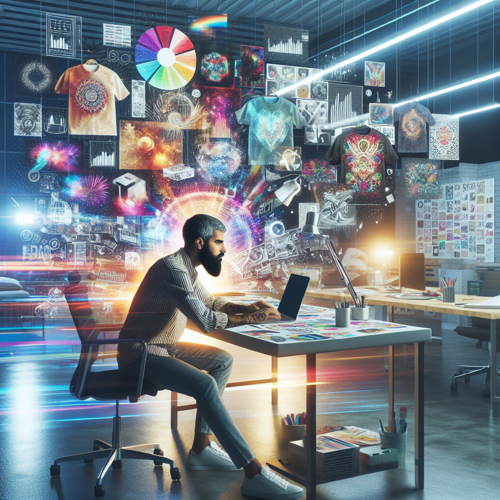 Entrepreneur brainstorming in an office surrounded by print on demand products.