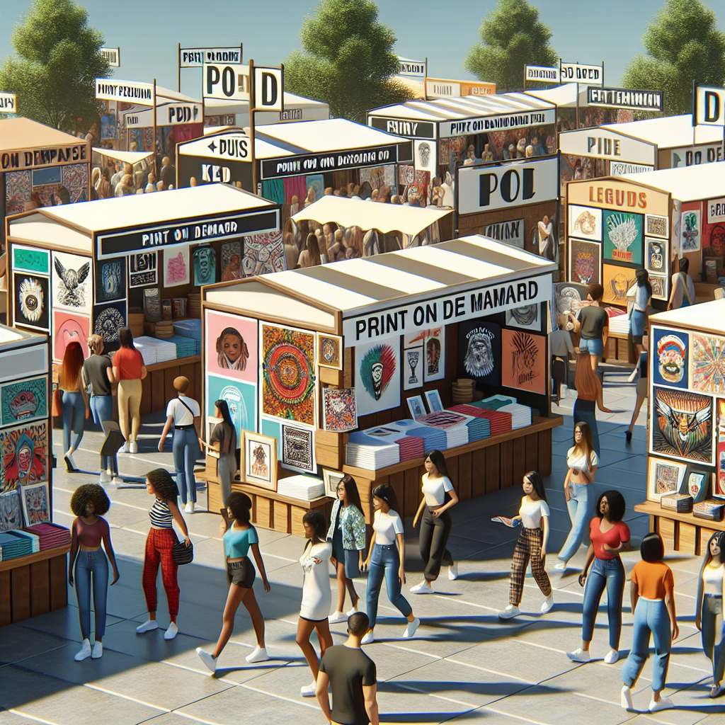 Vibrant marketplace representing print on demand venue with stalls of custom products and browsing people in a friendly atmosphere.