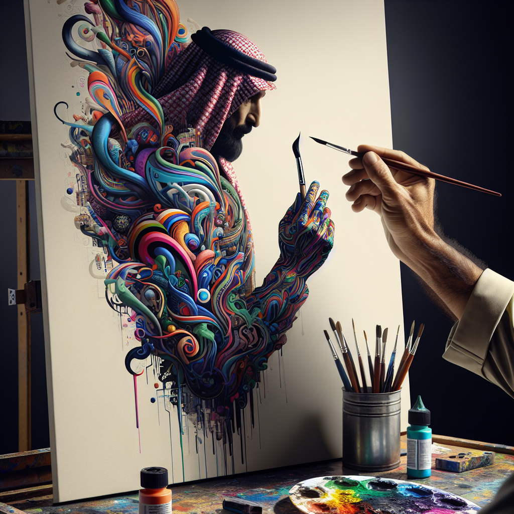 Artist's hand holding a brush over a colorful, abstract poster on a canvas with a paint palette, embodying the spirit of print-on-demand services.