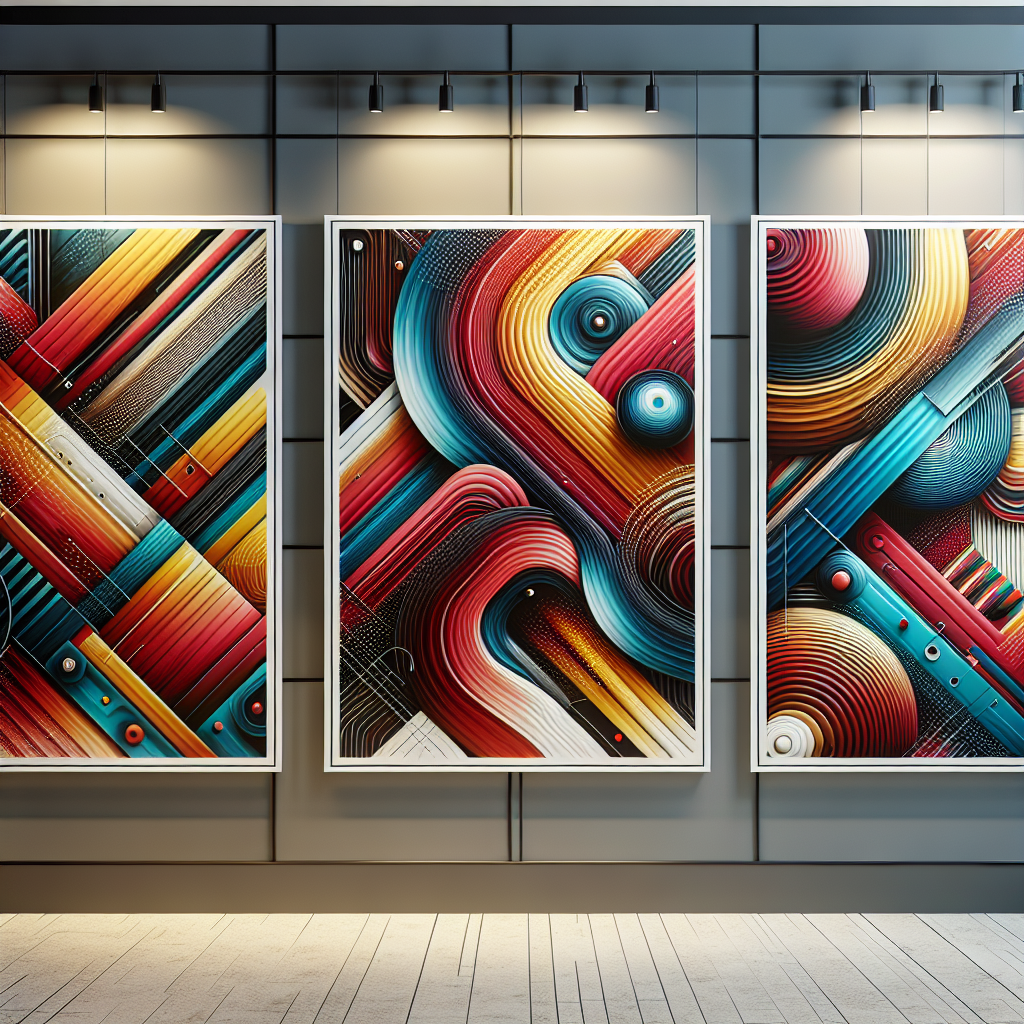 A realistic image of a gallery wall featuring a vibrant and high-quality abstract art poster