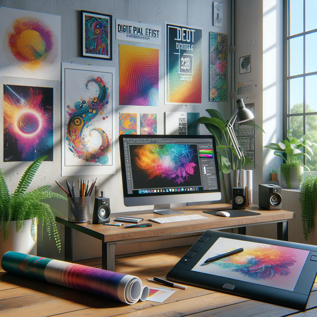 Digital artist's workspace with a computer, drawing tablet, and posters indicating a print-on-demand service interface, with no text.