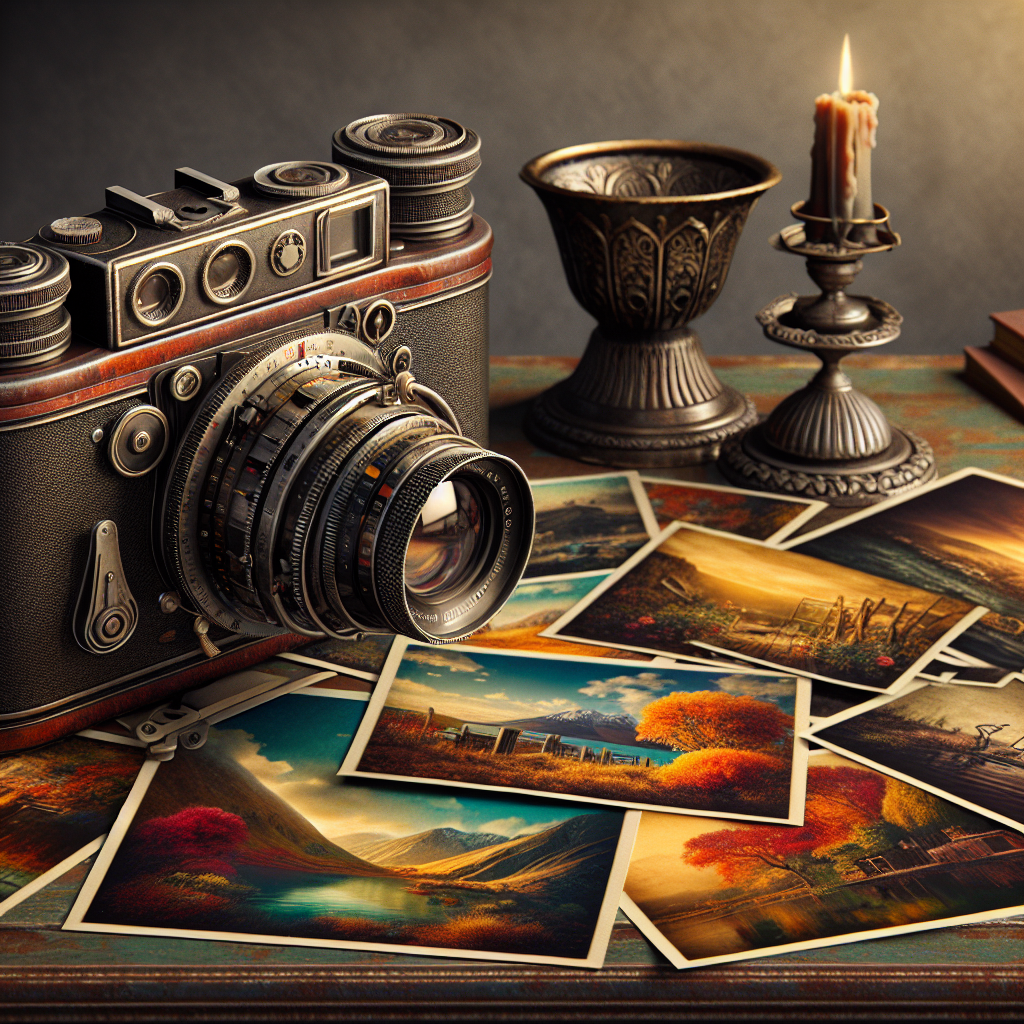 Vintage film camera on an antique desk with quality printed photographs.