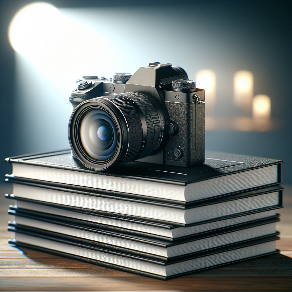 A modern DSLR camera resting on blank photo books on a wooden table, with a bokeh background in a studio setting.