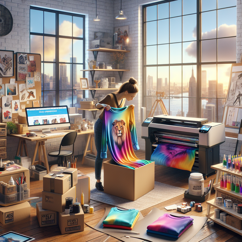 Artist in a cozy studio preparing a print on demand order, with a computer displaying the Etsy webpage, and a parcel with a freshly printed garment.