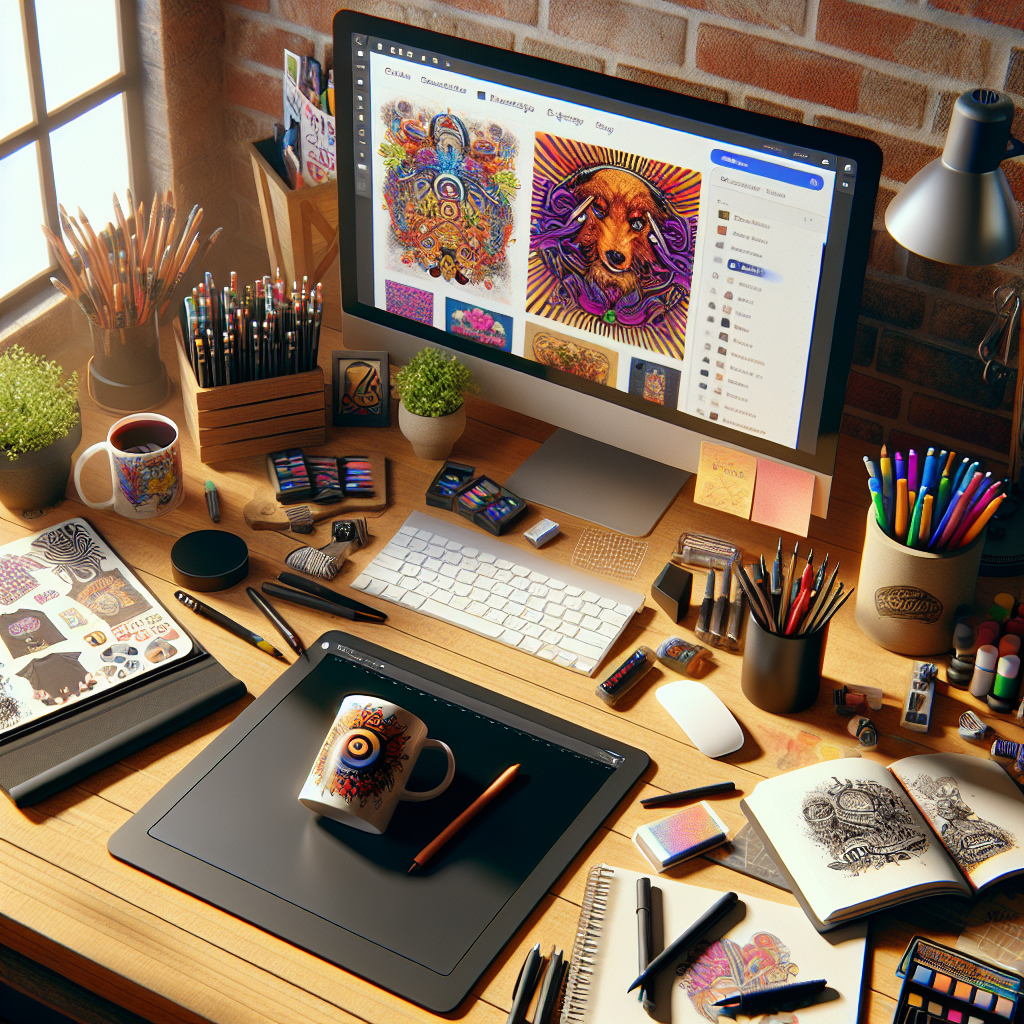 Overhead view of an artist's desk with a personalized mug, a computer showing an Etsy store page, and artist supplies, bathed in natural light.
