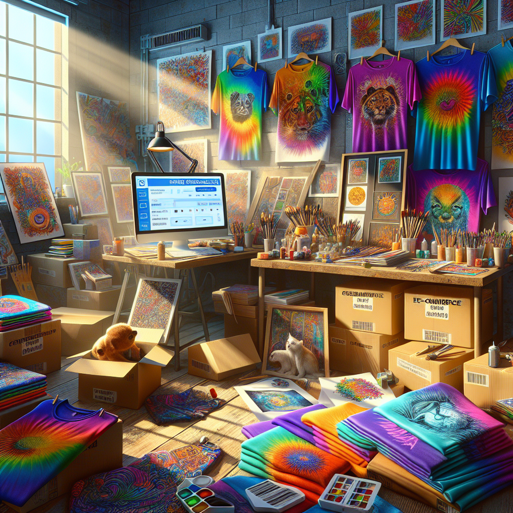 Digital painting of an artist's studio with products from a print on demand service displayed, representing the concept of selling on Etsy.