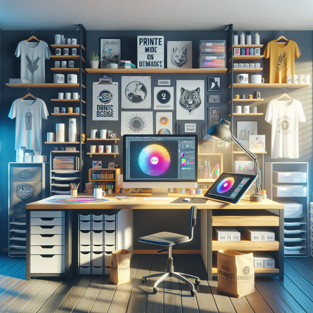 Artist's studio illustrating the concept of print on demand on Etsy, with a computer, product mock-ups, and a digital tablet.
