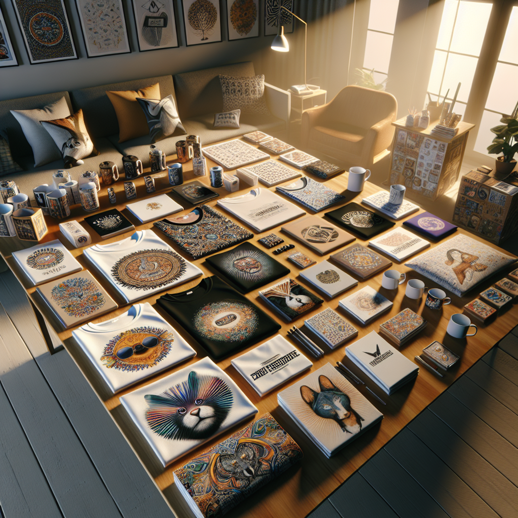 An assortment of various print on demand products with custom designs displayed on a wooden table in a room with warm lighting, symbolizing the range and appeal of POD services.