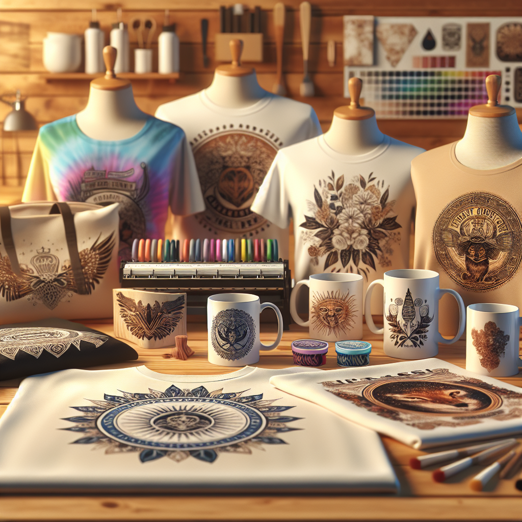 Assortment of customizable print on demand products on a wooden surface, highlighted in a cozy workshop setting.