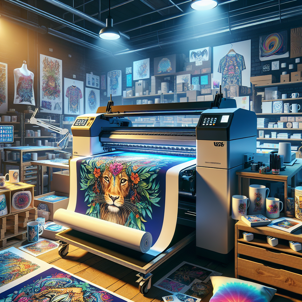 A digital printer creating a custom-designed t-shirt surrounded by various POD products in a workshop.