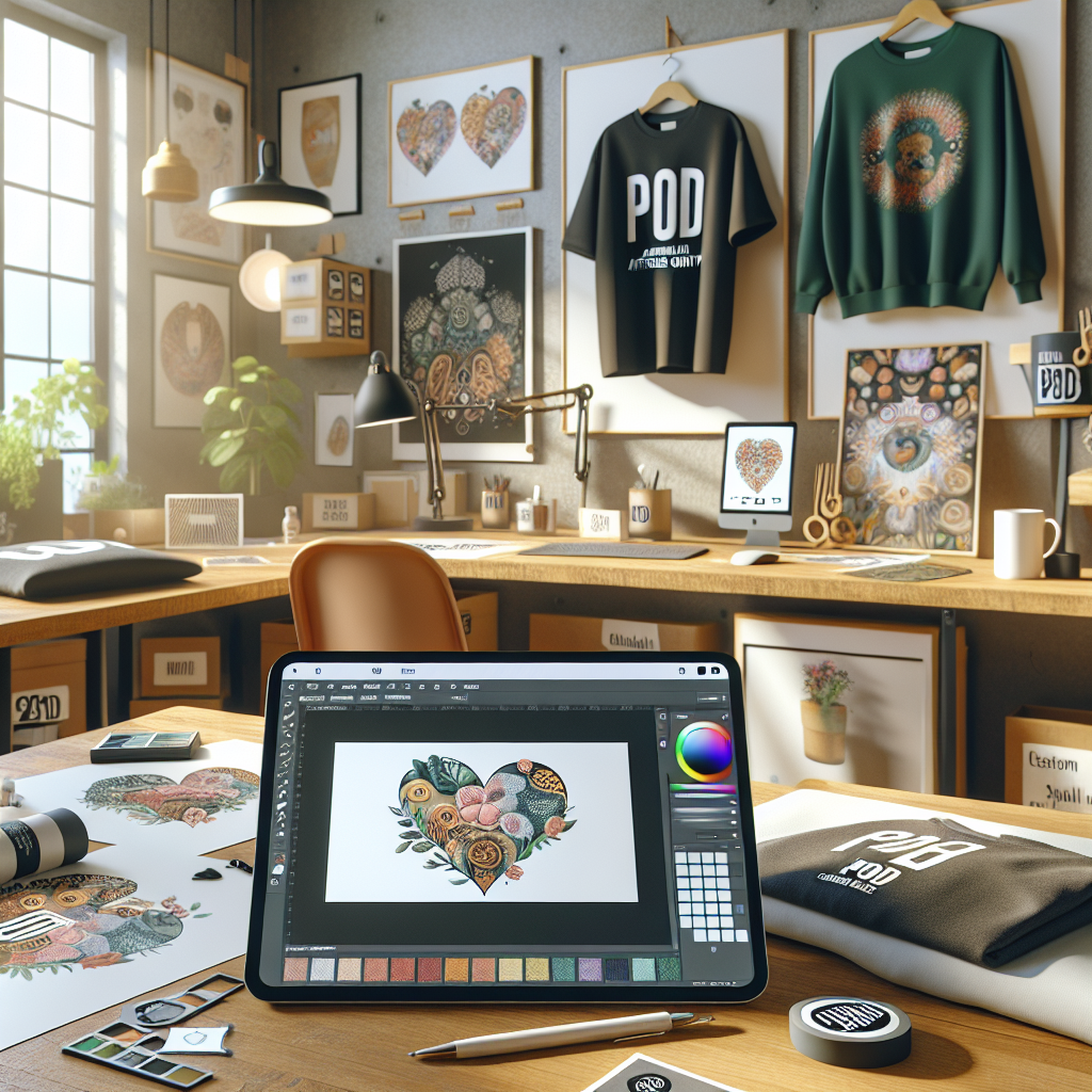 Artistic open workspace containing print on demand products such as clothing and mugs, with a digital tablet showing a design software interface, enhanced by bright, natural light.