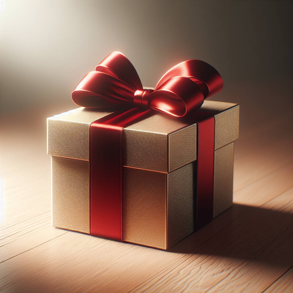 An elegantly wrapped golden gift box with a silk red bow, placed on a wooden table.