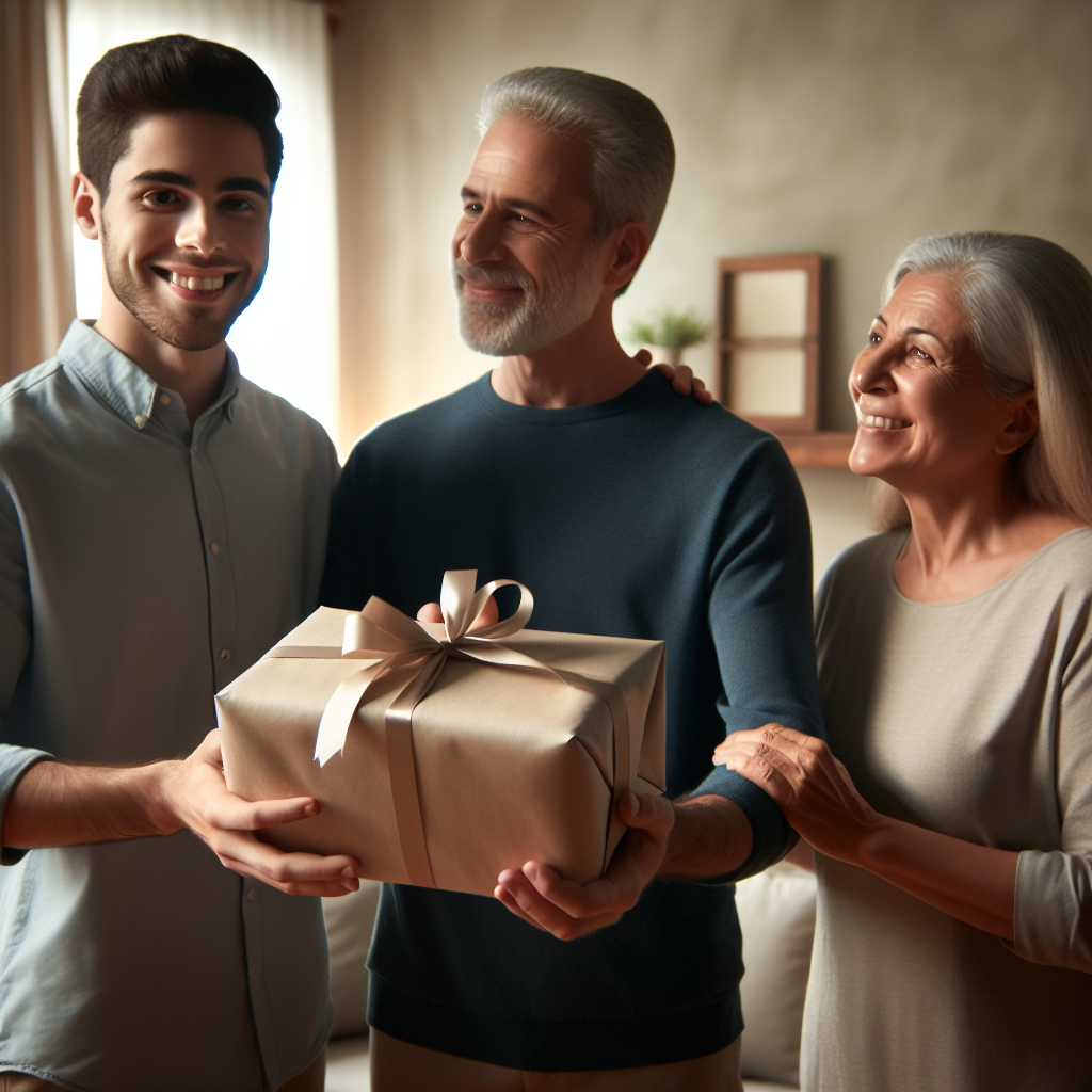 Realistic image of a young man offering a gift to a middle-aged couple in a homely setting, reflecting appreciation and family warmth.