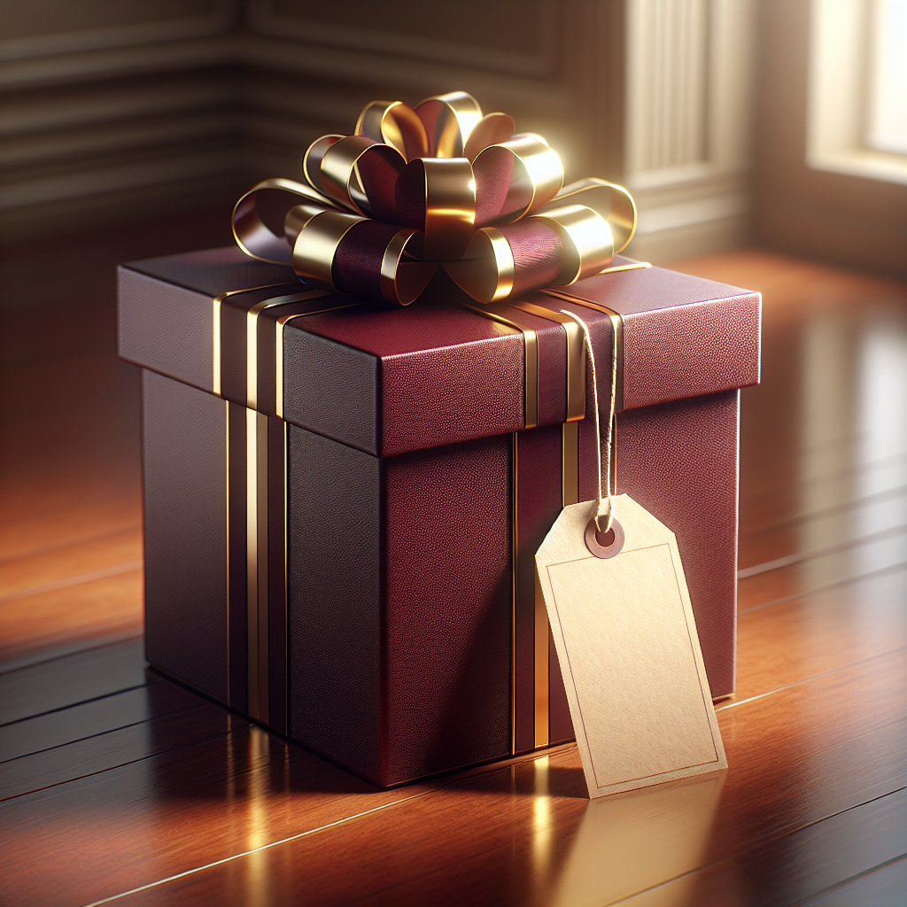 A realistic depiction of an elegantly wrapped gift box in burgundy with a golden ribbon on a polished wooden table.