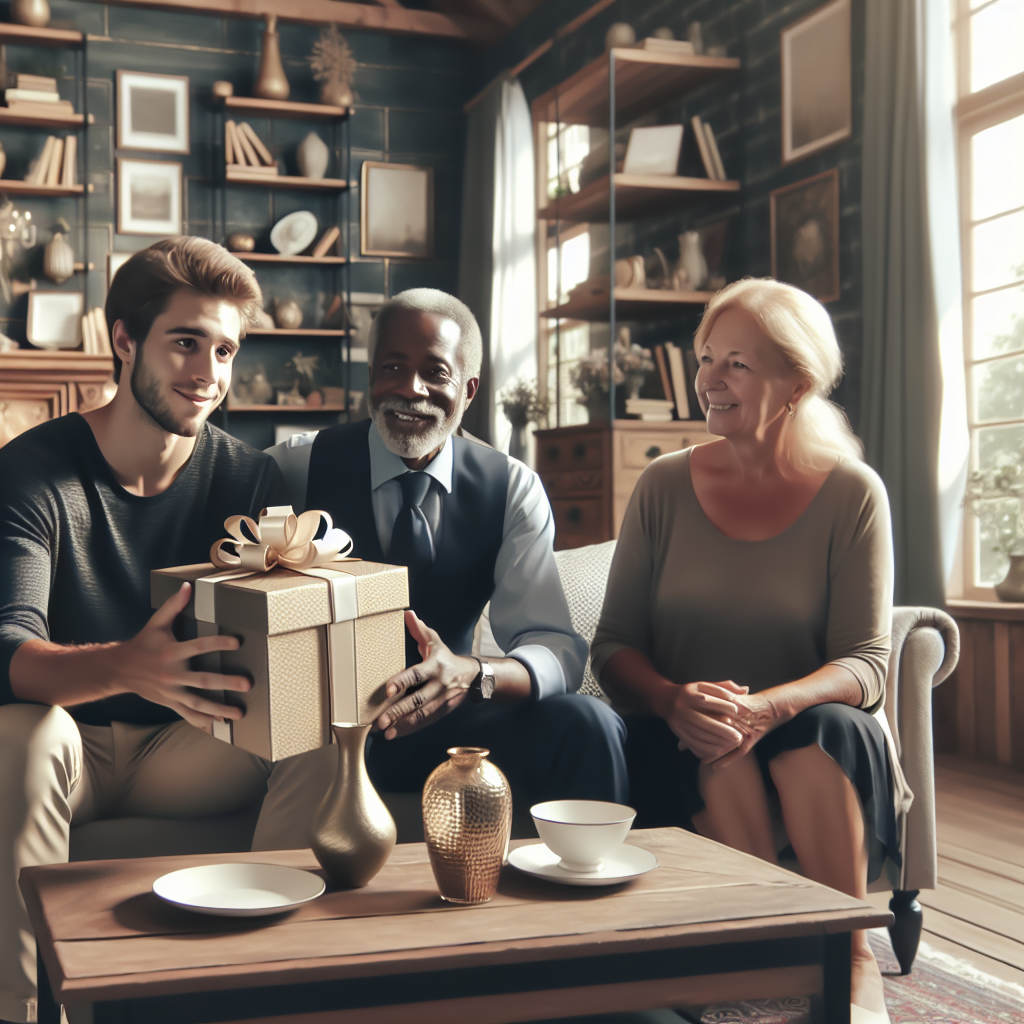An image capturing a young man presenting a gift box to a couple resembling his girlfriend's parents in a cozy, well-decorated living room that feels warm and welcoming.