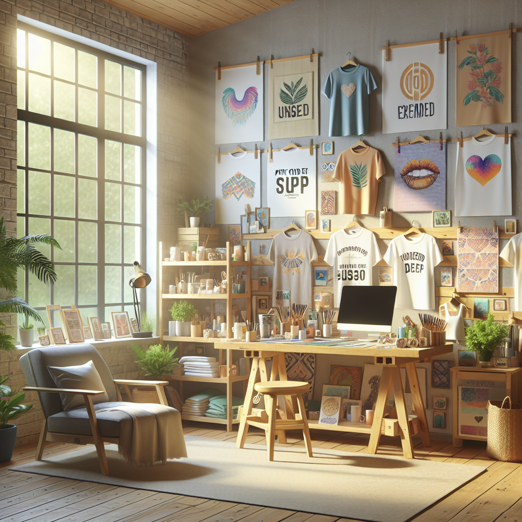 A realistic artist's studio filled with a variety of colorful print on demand products with intricate designs, natural lighting, and a warm, welcoming ambiance.