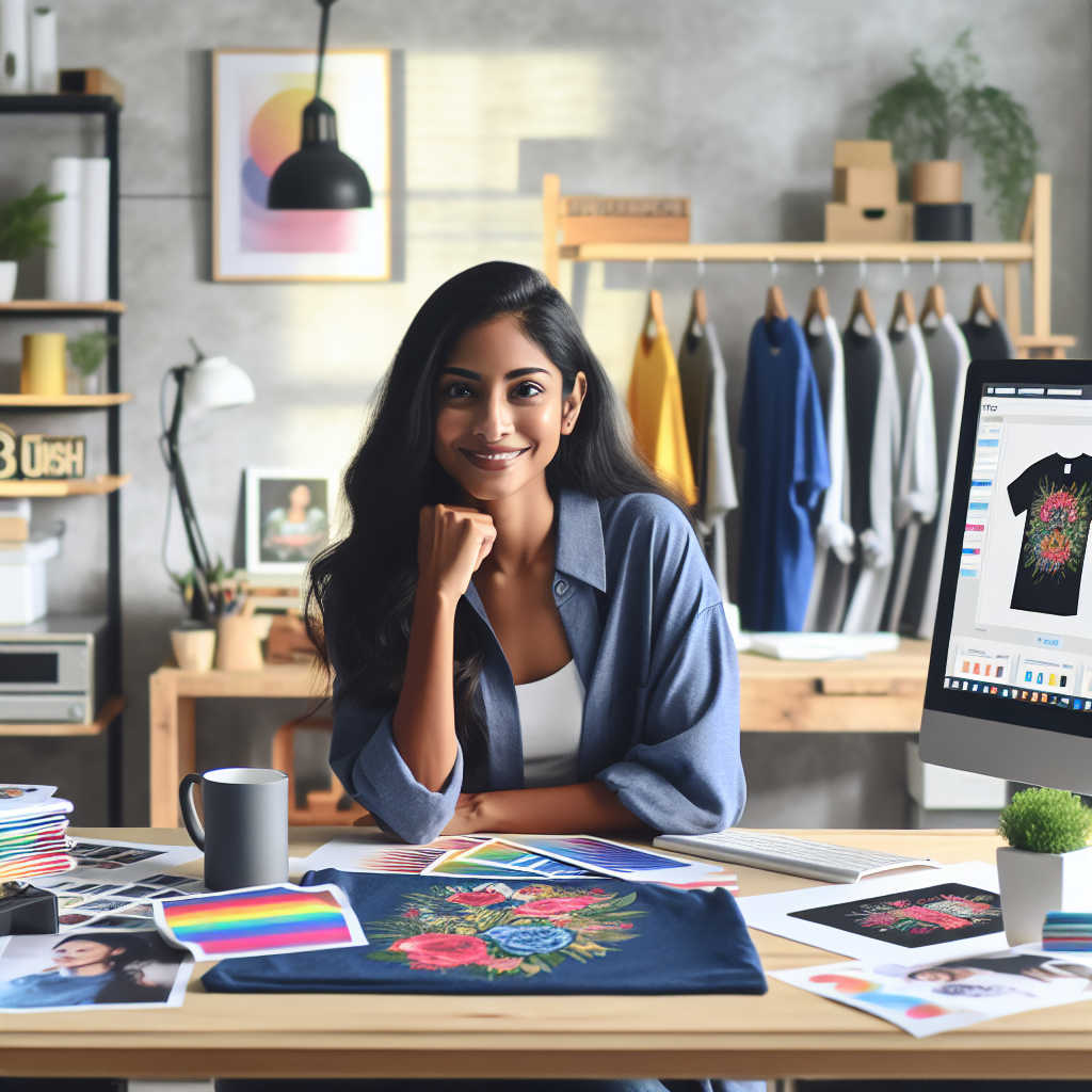 Content person at a home office desk with print-on-demand products and a computer screen showing a successful business dashboard.