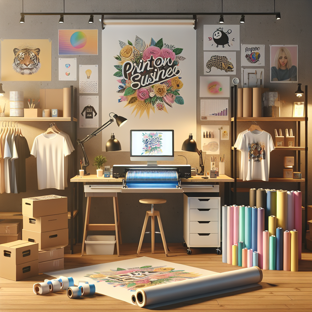 Modern workspace with a display of a print on demand business setup, including a computer with a design on screen, printed t-shirts, and a printing machine.