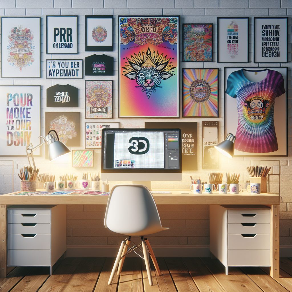 Artist's desk with a computer and print on demand products like t-shirts and mugs with colorful designs, inspirational quotes on the wall, and 'WorkingGran-Gran2020' logo.