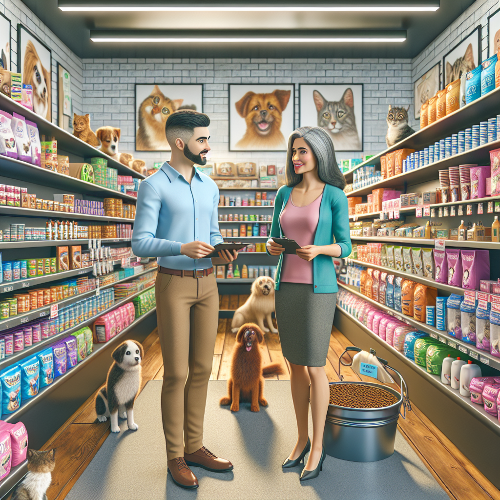 A realistic image of a Petco store with pet supplies, a store employee assisting a customer, and pets in the background.