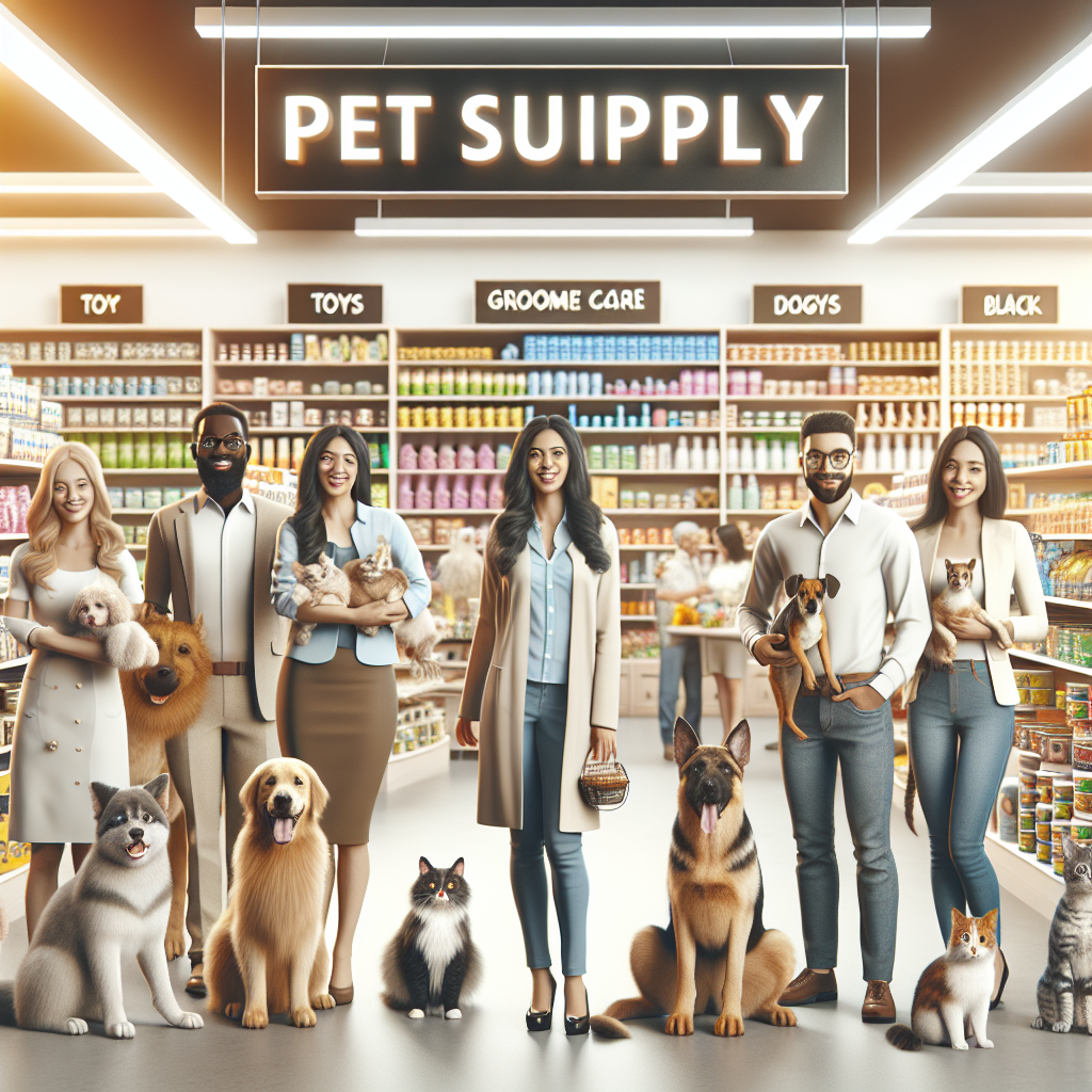 Interior of a busy Petco store with diverse pet owners, pets, and various pet products.