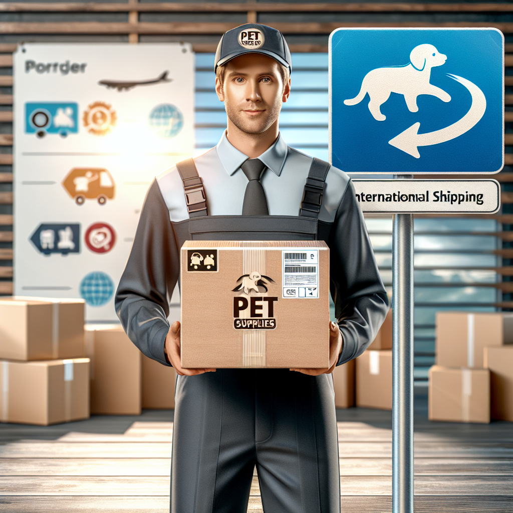 Courier holding a Petco package next to an international shipping sign.