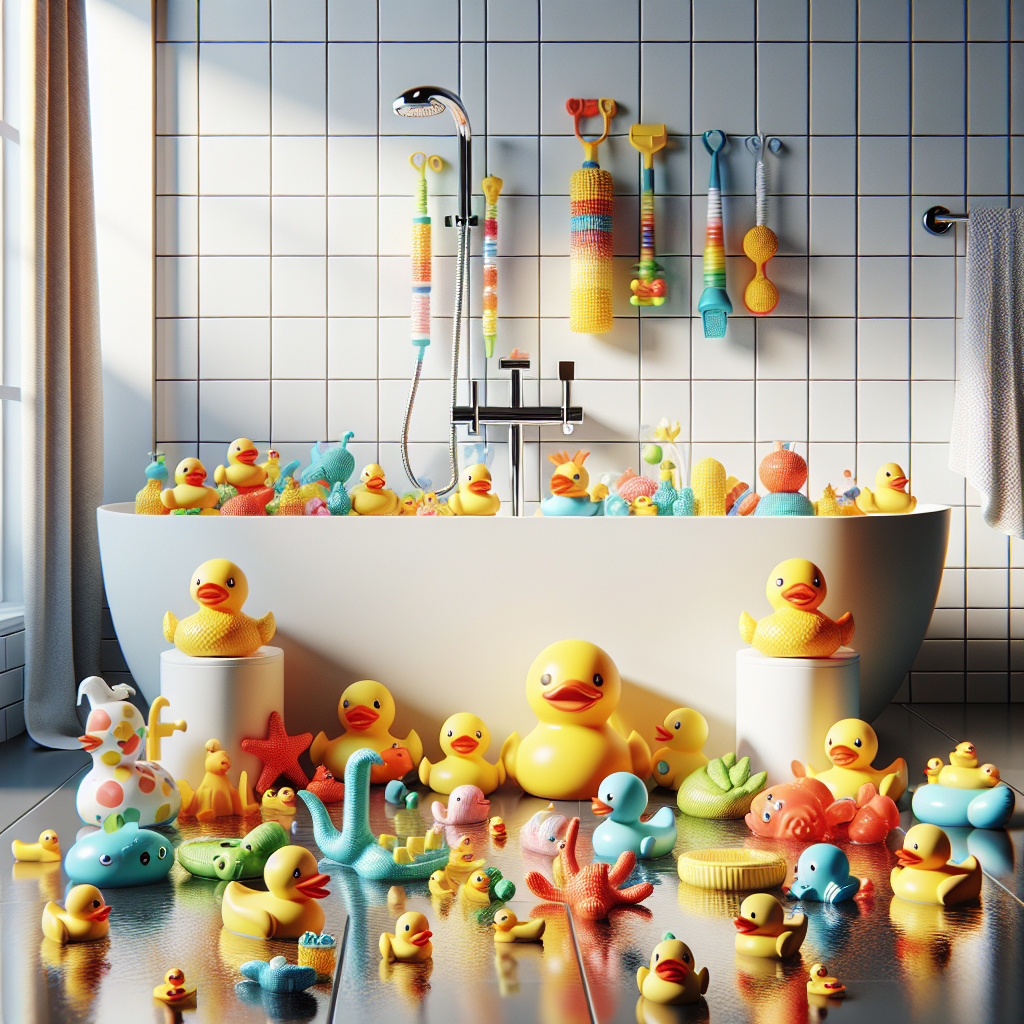 Realistic depiction of colorful bath toys such as rubber ducks and marine animal water squirters in a modern bathroom setting.