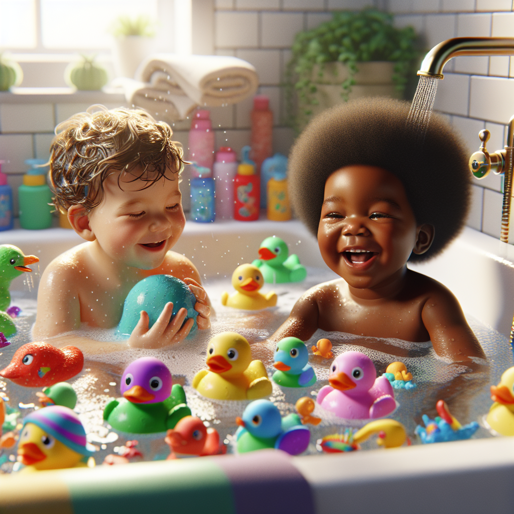 A realistic image of a toddler and baby enjoying bath time with various colorful bath toys.