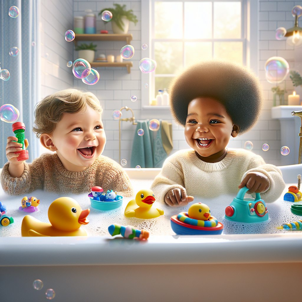 A happy toddler and baby playing with colorful bath toys in a bathtub.