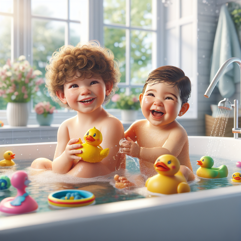 A realistic image of a toddler and baby playing with bath toys in a well-lit bathroom.