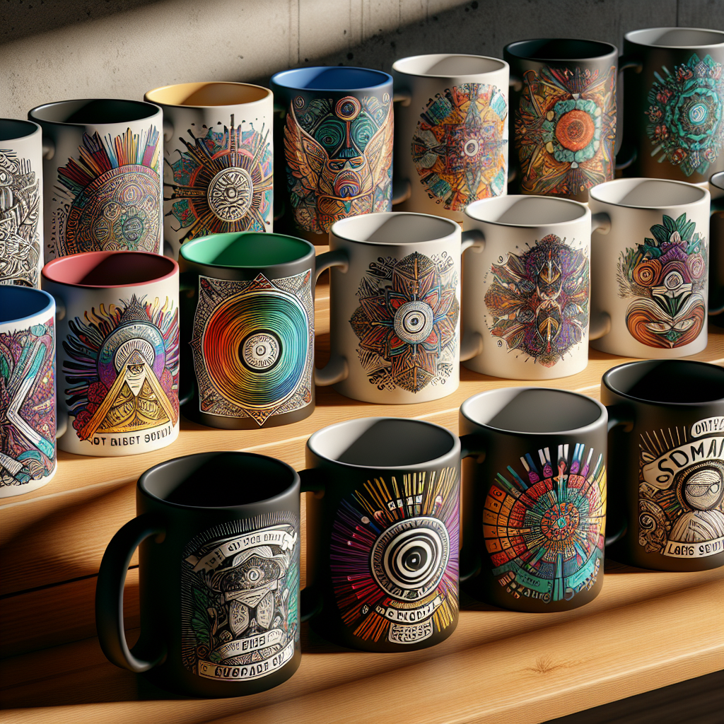 A variety of custom-designed print on demand mugs on a wooden table, each featuring unique artwork, quotes, and photos.