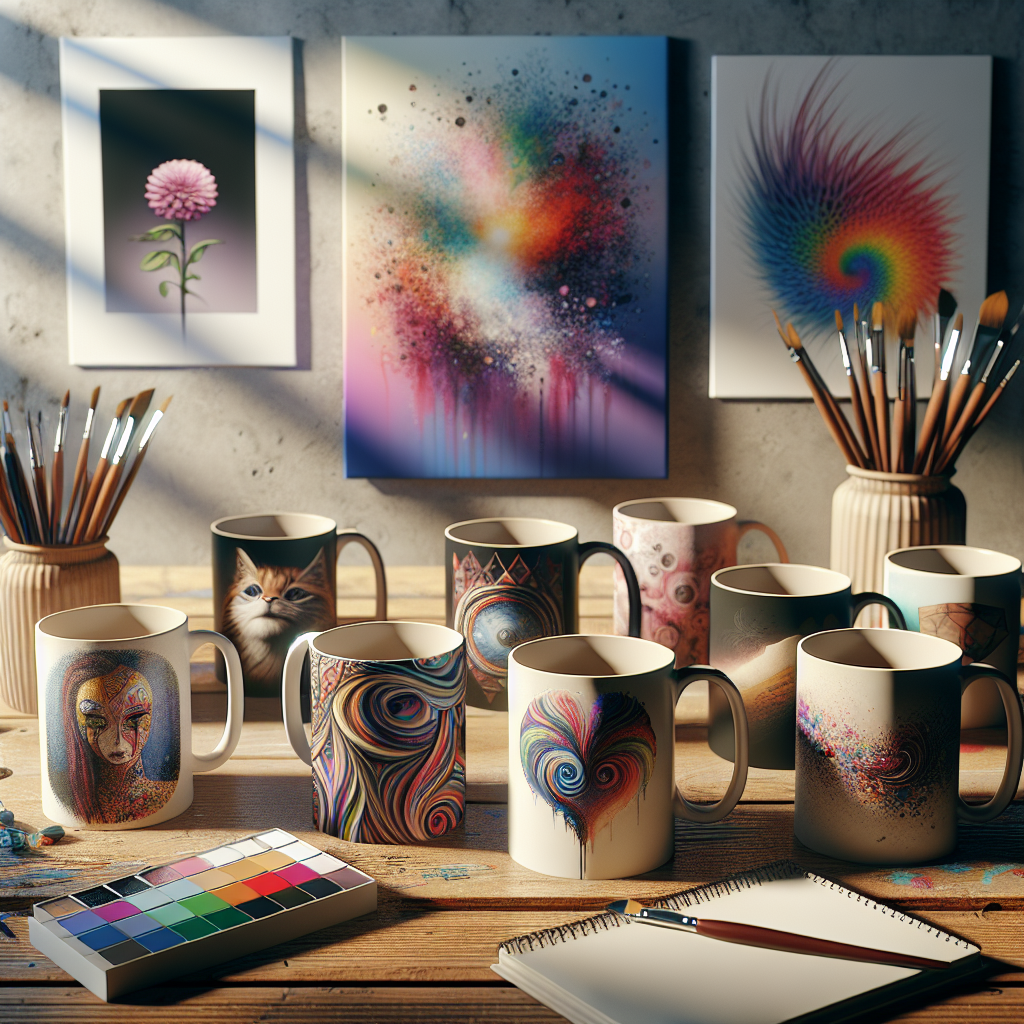 Realistic image of customized print on demand mugs with unique designs on a wooden table, surrounded by artistic tools.