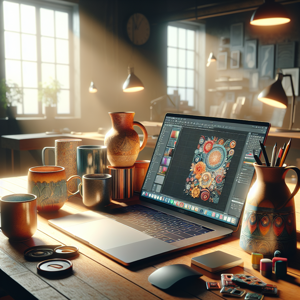 Cozy workspace with a laptop and various uniquely designed ceramic mugs.