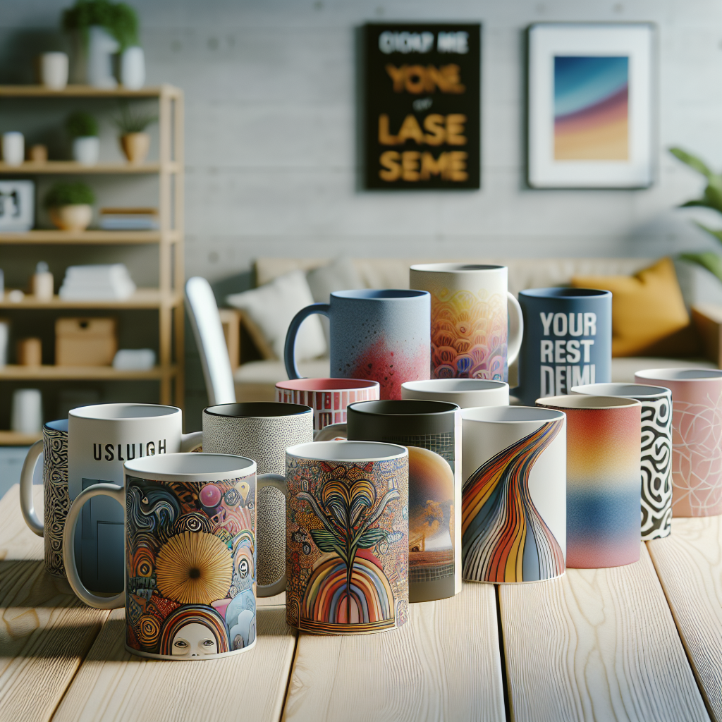 Various custom-designed mugs on a table, showcasing the print on demand concept.