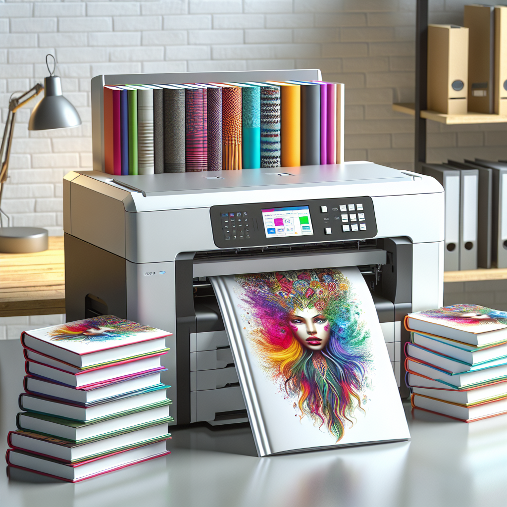 A professional print-on-demand book setup with a printer and freshly printed books.