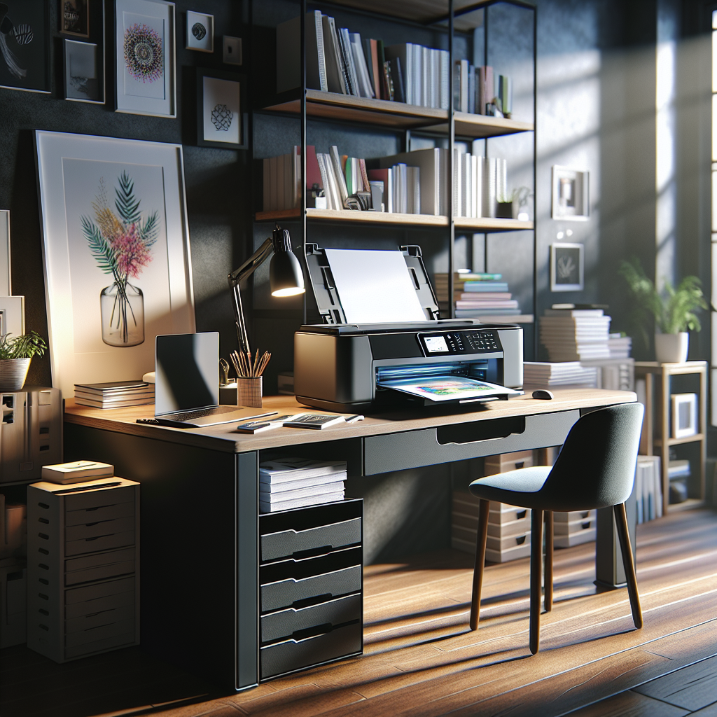 A cozy home workspace with a modern printer producing a freshly printed book.