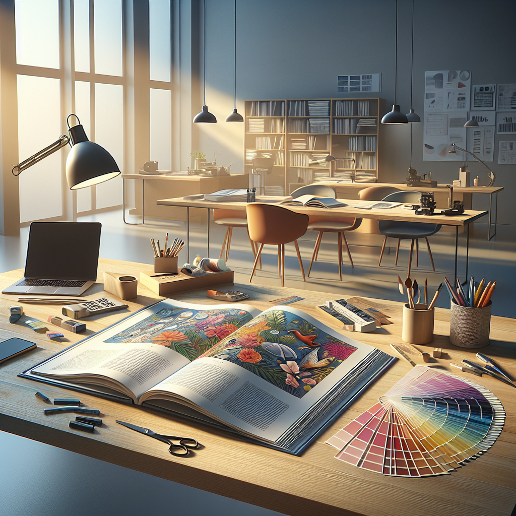 An open book on a wooden desk in a minimalist office with publishing tools and soft natural lighting.