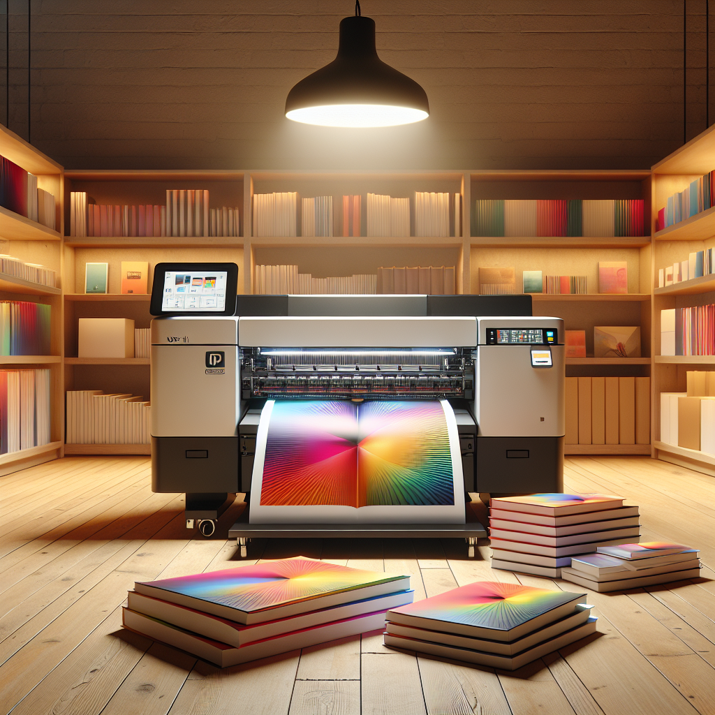 A modern print-on-demand setup with a digital printer producing a book and various custom-designed books neatly stacked around.