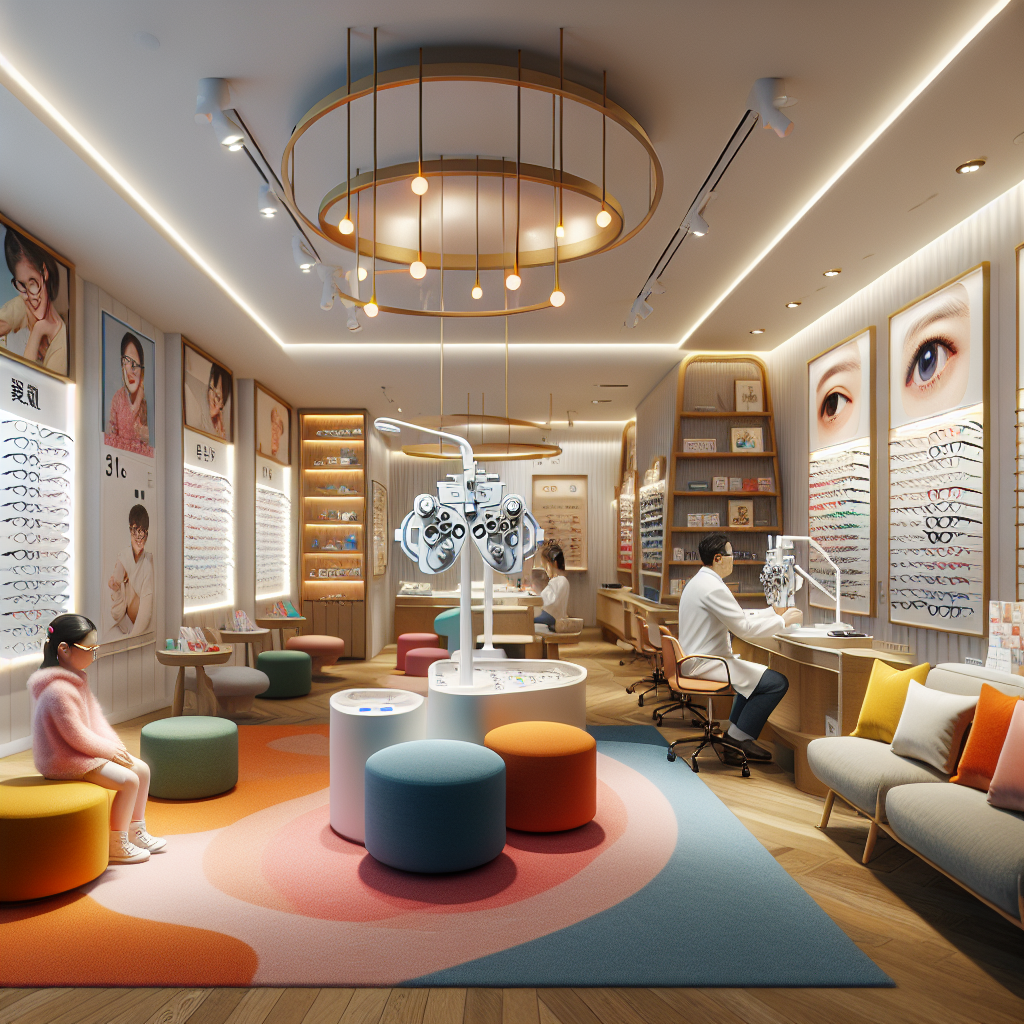 Child-friendly optical shop interior with an optometrist conducting an eye exam on a child.