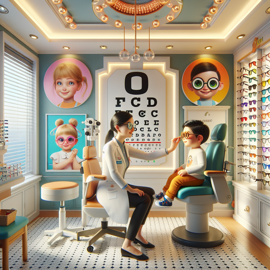 A child-friendly optical shop with an optometrist conducting an eye exam for a young patient.