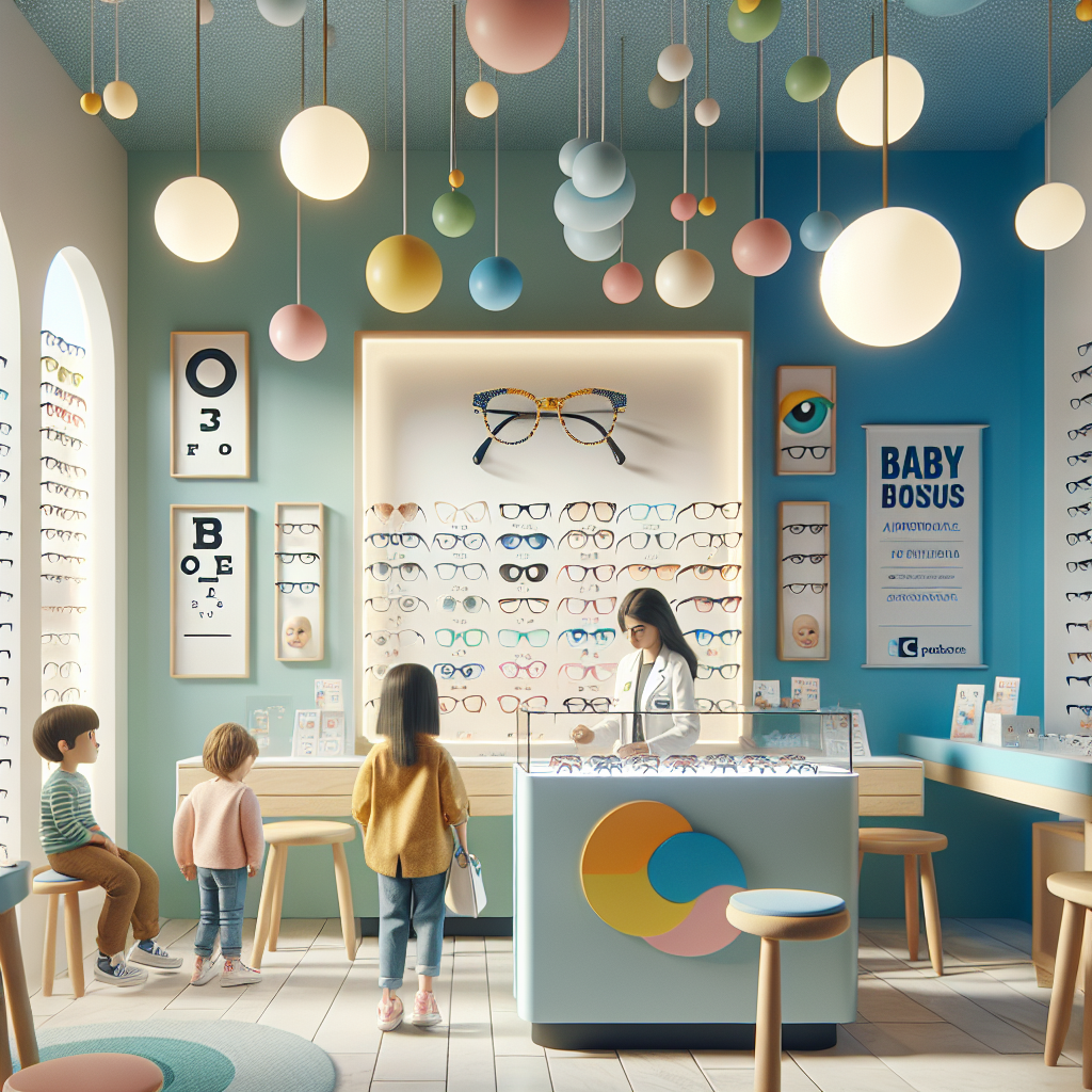 A child-friendly optical shop interior with bright colors and an optometrist helping kids try on glasses.