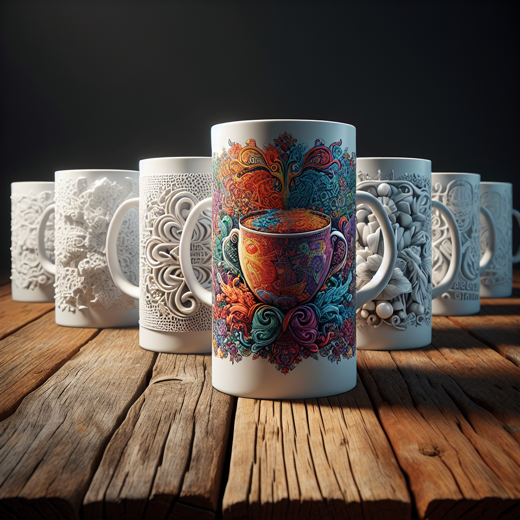 Artfully arranged bone china mugs with custom design on a wooden table.