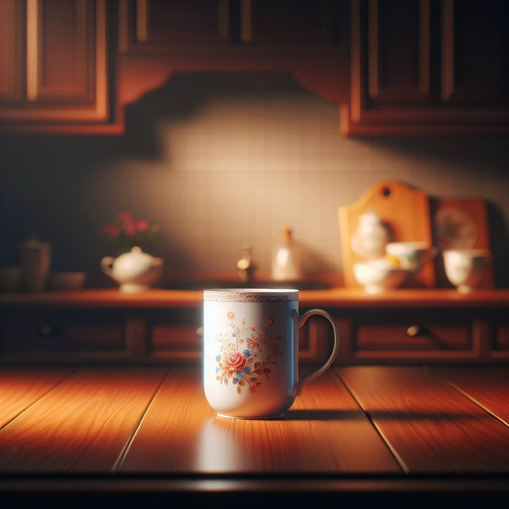 A bone china mug with a custom print design in a cozy kitchen.