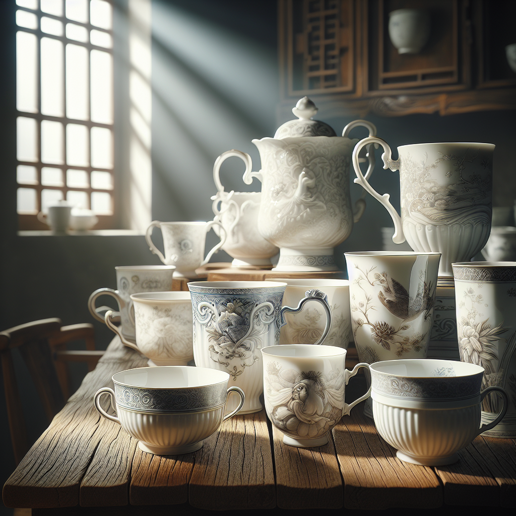 Realistic image of white bone china mugs with intricate designs on a wooden table.