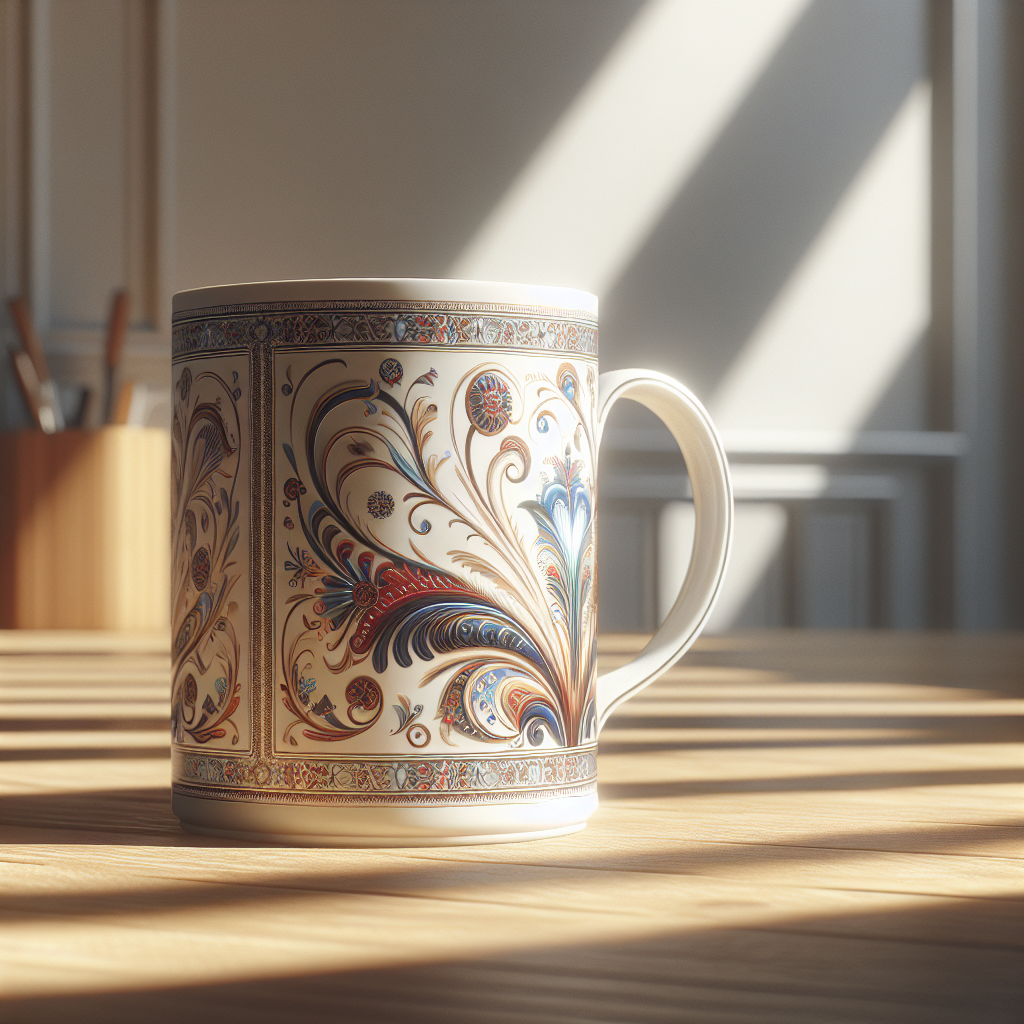 A beautiful bone china mug with vibrant custom artwork on a wooden table, showcasing its translucent white body and intricate design.