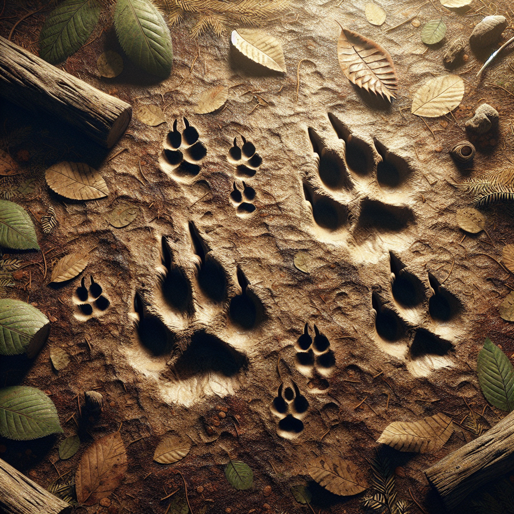 Realistic image showing dog and bobcat prints on a forest floor with natural lighting.