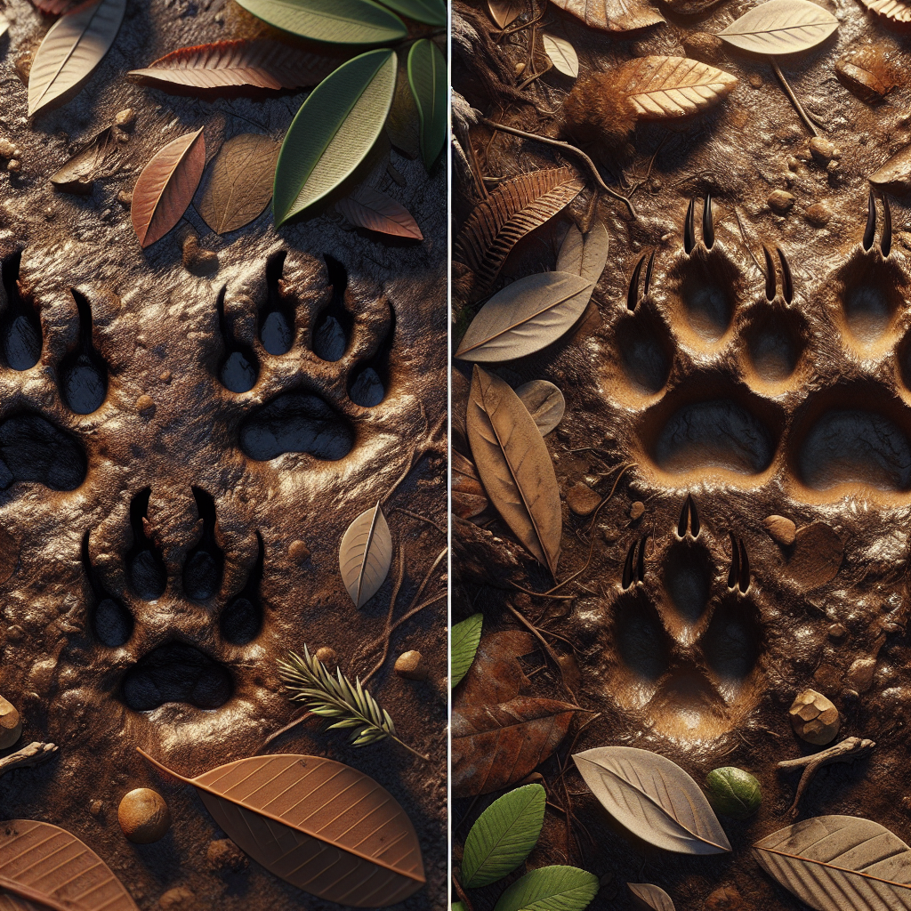Close-up of dog and bobcat prints on forest ground, focusing on the differences in their shapes and claw marks.